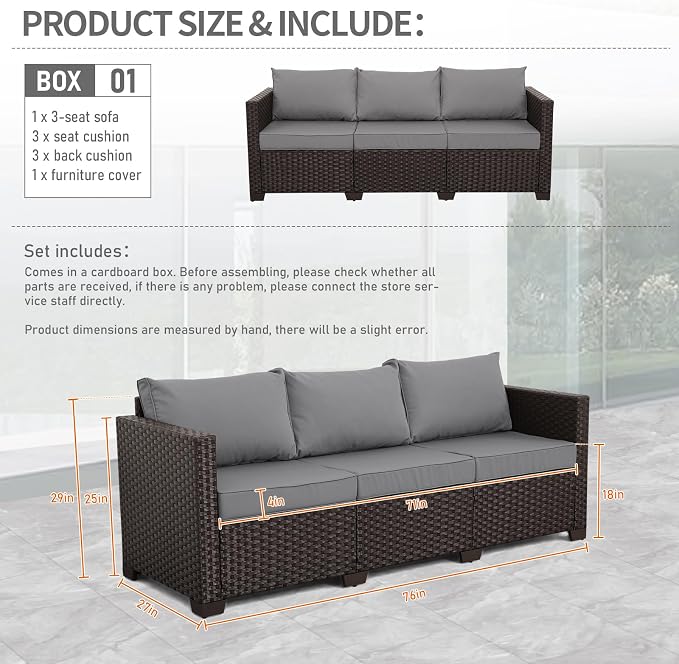 Rattan Star Wicker Patio Sofa Outdoor Furniture Outdoor Couch Deep Seat Sofa High Backrest with Waterproof Cover and Non-Slip Cushions, Grey