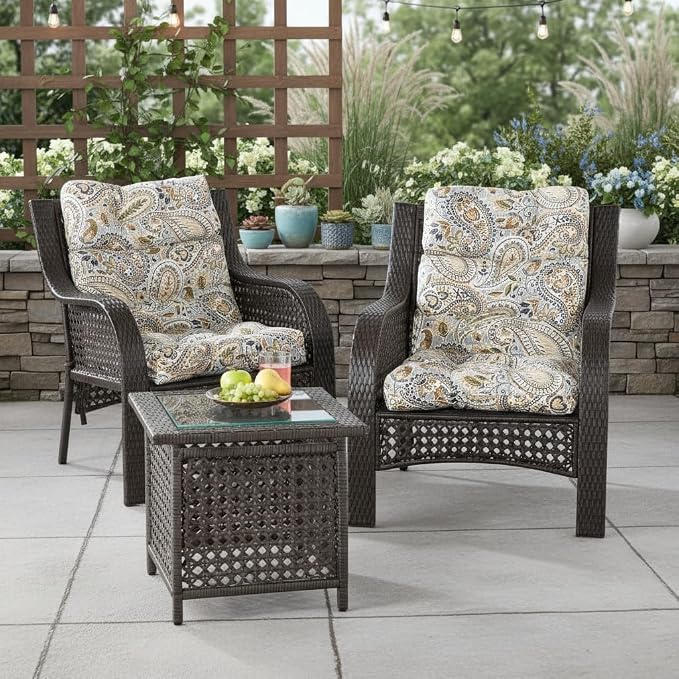 Outdoor Tufted High-Back Chair Cushions, One-Piece Hinged Seat and Back Design, Reversible with 4 Ties, Durable Polyester Fabric, Recycled Fiber Fill - Set of 2, Arctic Paisley