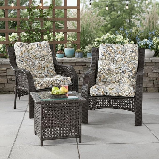 Outdoor Tufted High-Back Chair Cushions, One-Piece Hinged Seat and Back Design, Reversible with 4 Ties, Durable Polyester Fabric, Recycled Fiber Fill - Set of 2, Arctic Paisley