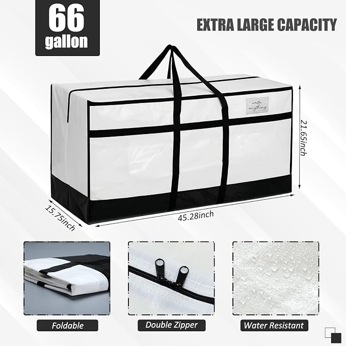 4 Pcs 66 Gallon Extra Large Moving Bags Heavy Duty Storage Bag with Strong Zipper Handle Foldable XXL Jumbo Storage Tote Packing Moving Box for College Dorm Travel Cloth Duffle(Black and White)