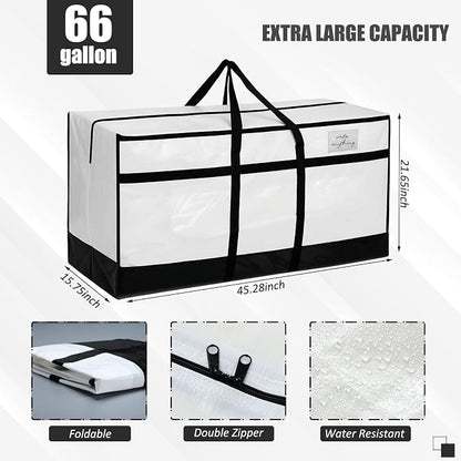 4 Pcs 66 Gallon Extra Large Moving Bags Heavy Duty Storage Bag with Strong Zipper Handle Foldable XXL Jumbo Storage Tote Packing Moving Box for College Dorm Travel Cloth Duffle(Black and White)