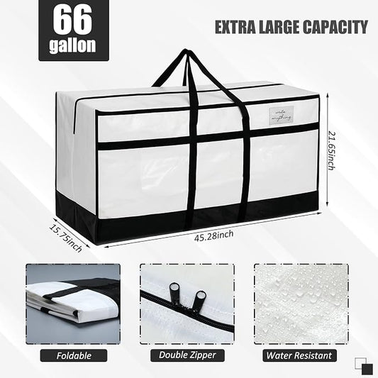 4 Pcs 66 Gallon Extra Large Moving Bags Heavy Duty Storage Bag with Strong Zipper Handle Foldable XXL Jumbo Storage Tote Packing Moving Box for College Dorm Travel Cloth Duffle(Black and White)