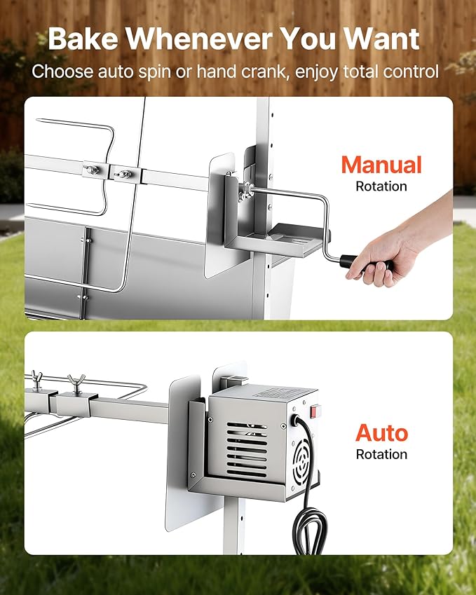 VEVOR Rotisserie Grill, 38W Stainless Steel BBQ Outdoor Pig & Lamb Spit Roaster, 132 LBS Load Capacity Charcoal Spit Roaster with 7-Level Height, Electric Rotisserie Grill Kit for Camping Outdoor