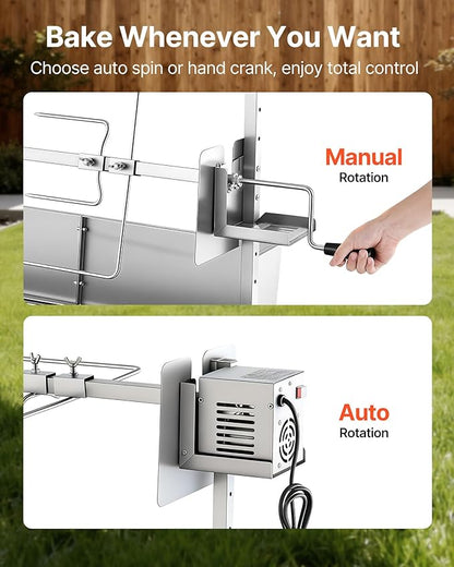 VEVOR Rotisserie Grill, 38W Stainless Steel BBQ Outdoor Pig & Lamb Spit Roaster, 132 LBS Load Capacity Charcoal Spit Roaster with 7-Level Height, Electric Rotisserie Grill Kit for Camping Outdoor