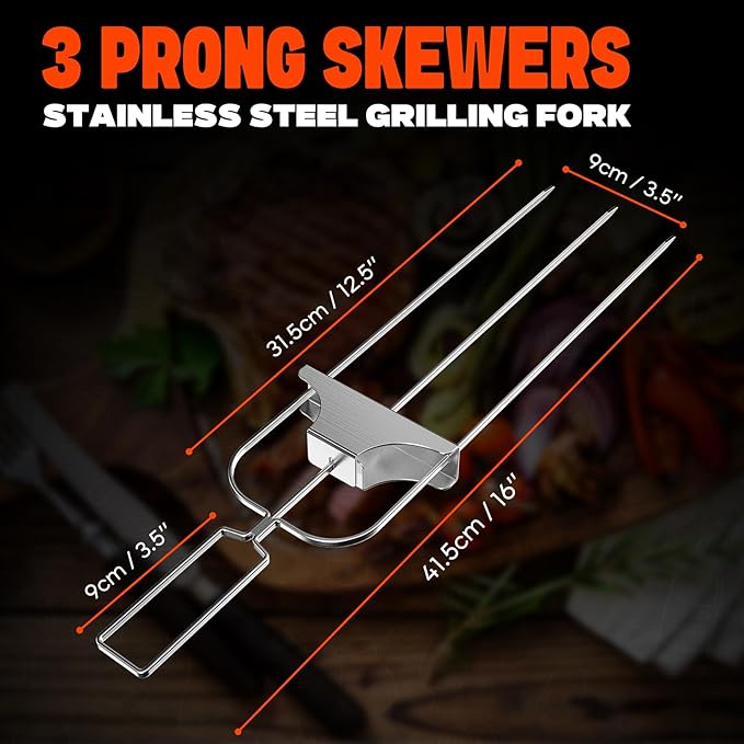 onlyfire 2 PCS Kabob Skewers Stainless Steel Skewer for Grilling, 3-Prong Kabob Skewers Perfect with Push Bar Reusable Metal Skewer for Meat, Chicken, Sausages,Veggies, Shrimp