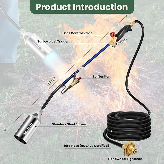 ARTFLAMM Portable Propane Torch Weed Burner Kit with Storage Bag, High Output BTUs Flamethrower with 10 FT Hose, Self Igniter Weed Flame Torch for Campfires,Roofing,Melting Snow Ice