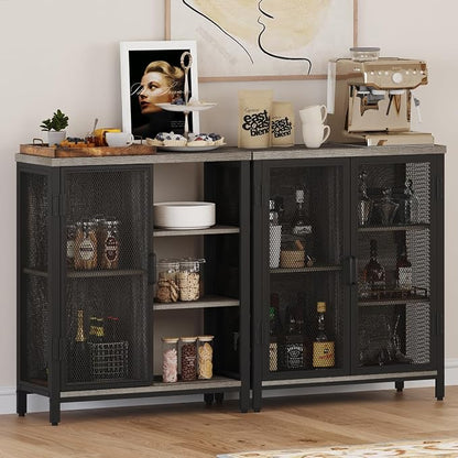 Liquor Cabinet Bar for Home, Coffee Storage Cabinet | Adjustable Shelves, Small Wood Sideboard Buffet Station Cabinets with Door, for Kitchen/ Dining/ Entryway, Dark Grey Oak, 36"