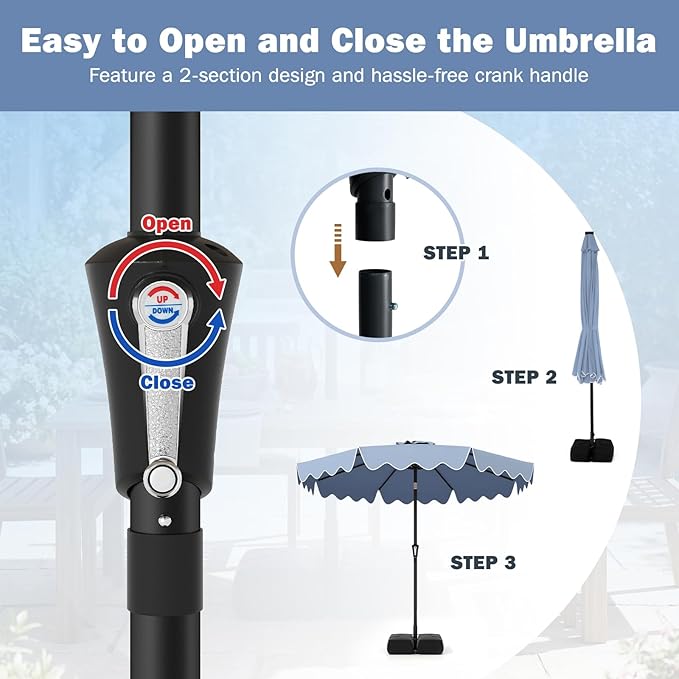 Tangkula 9 FT Patio Umbrella with Base Included, 2-Tiers Outdoor Scalloped Table Umbrella with 2 Sandbags, Tilt Adjustment, Crank, 8 Ribs for Market Backyard Pool Deck Beach Lawn