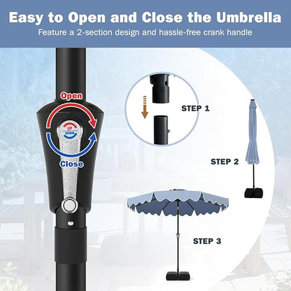 Tangkula 9 FT Patio Umbrella with Base Included, 2-Tiers Outdoor Scalloped Table Umbrella with 2 Sandbags, Tilt Adjustment, Crank, 8 Ribs for Market Backyard Pool Deck Beach Lawn