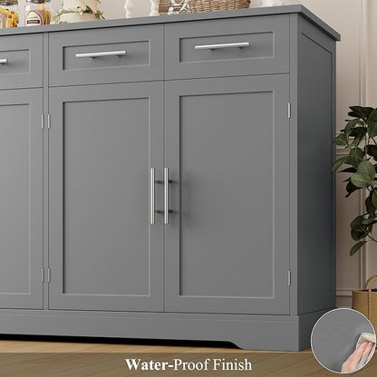HOSTACK 60" Large Buffet Sideboard with Storage, 36" Tall Kitchen Buffet Storage Cabinet with 4 Drawers, Modern Coffee Bar Cabinet with Silver Handles, Long Sideboard Buffet Table for Kichen, Grey
