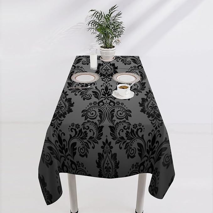 Gothic Black Damask Tablecloth, Vintage Floral Exotic Bohemian Antique Victorian Table Cloth Water Resistant Table Cover for Farmhouse Party Holiday Kitchen Dinner Table 60x90