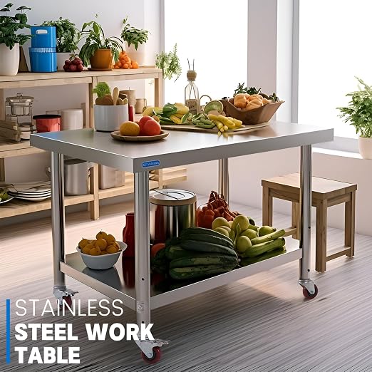KUARBARR Stainless Steel Table for Prep & Work with 4 Caster Wheels with Undershelf 30 x 36 NSF Metal Commercial Kitchen Adjustable Under Shelf Worktable for Restaurant Home Outdoor