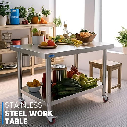 KUARBARR Stainless Steel Table for Prep & Work with 4 Caster Wheels with Undershelf 30 x 36 NSF Metal Commercial Kitchen Adjustable Under Shelf Worktable for Restaurant Home Outdoor