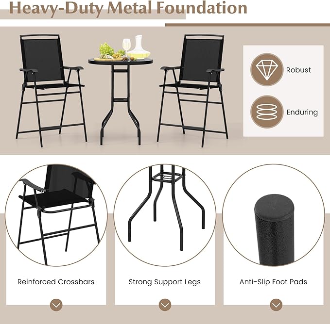 COSTWAY 3 PCS Patio Table and Chairs Set, Bistro Furniture with DPC Tabletop, Umbrella Hole, Outdoor Bar Set with Round Table and 2 Folding Counter Height Chairs for Poolside, Deck, Porch, Black