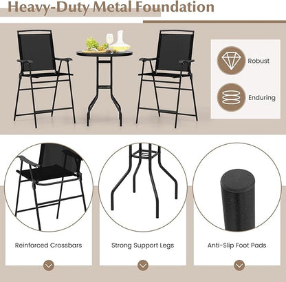 COSTWAY 3 PCS Patio Table and Chairs Set, Bistro Furniture with DPC Tabletop, Umbrella Hole, Outdoor Bar Set with Round Table and 2 Folding Counter Height Chairs for Poolside, Deck, Porch, Black