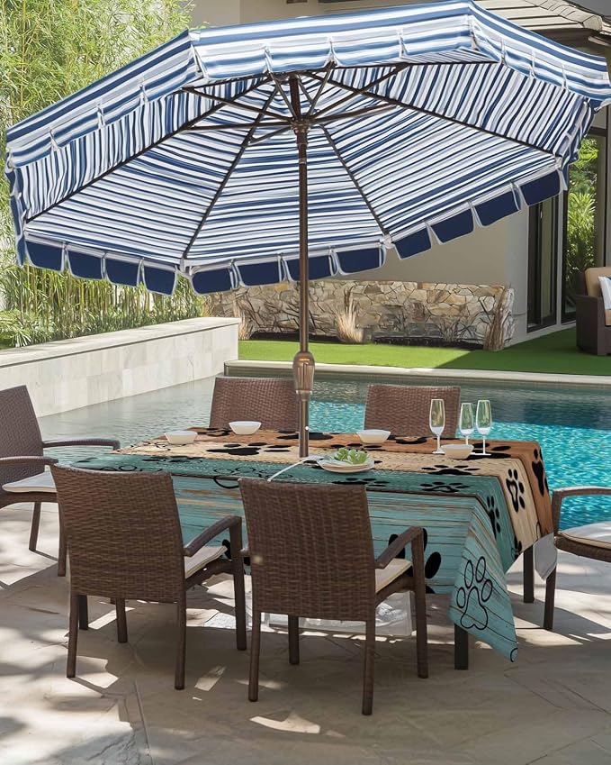 Dog Paw Print Outdoor Tablecloth - 52x70 Inch Rectangle Dining Table Cover, Rustic Teal Brown Beige Wooden Farmhouse Waterproof Outdoor Table Cloth with Umbrella Hole & Zipper for Picnic/Patio/Party