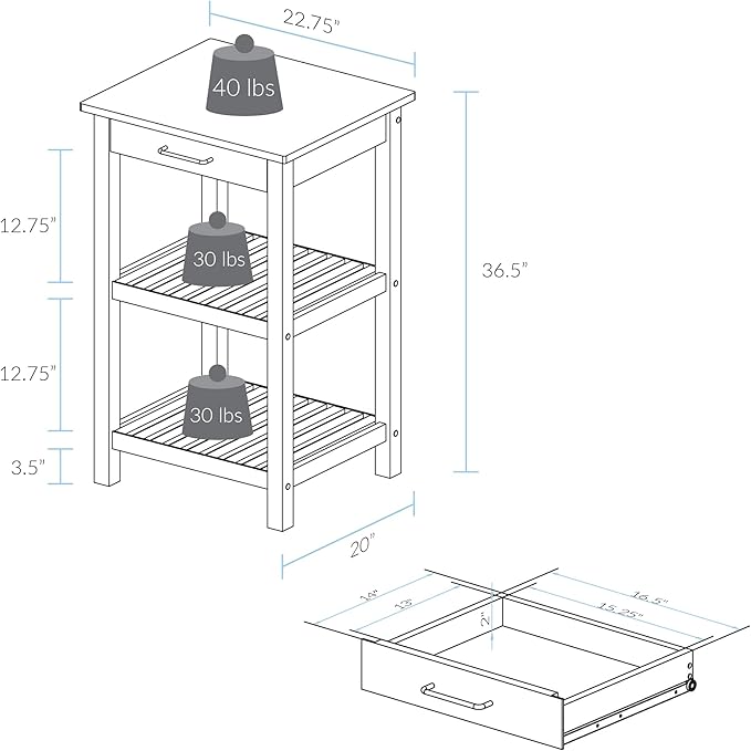 Casual Home Sunrise (Small) with Solid Harvest Hardwood Top Kitchen Island, 22.75"W, Natural&White