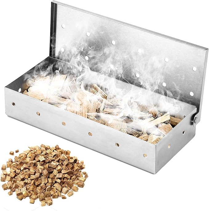 SHIKORI Smoker Box, BBQ Wood Chips Smoker Box for Gas or Charcoal Grills Heavy Duty Stainless Steel Barbecue Smoker Box Grill Accessories(Silver)