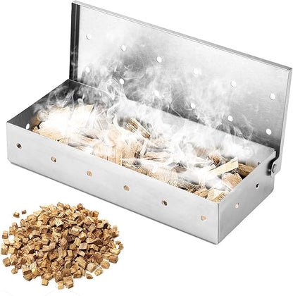 SHIKORI Smoker Box, BBQ Wood Chips Smoker Box for Gas or Charcoal Grills Heavy Duty Stainless Steel Barbecue Smoker Box Grill Accessories(Silver)