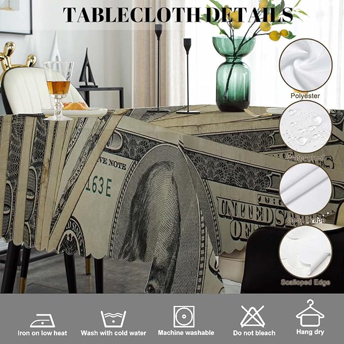 Swono US Dollar Tablecloth Money Hundreds of 100 Dollar Bills Decorative Table Cover for Home, Kitchen, Picnic, Party Banquet and Holiday Tablecloth, 52x70 Inch(4-6 Seats)
