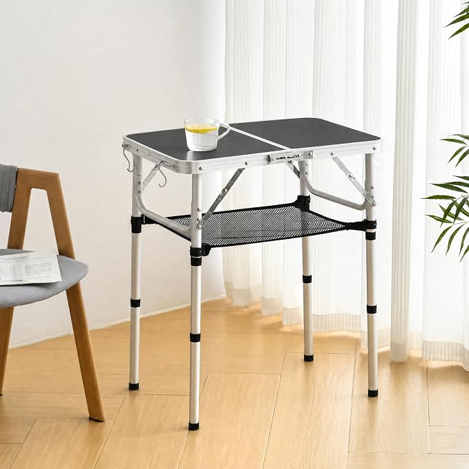 Folding Table Small, 24''L x16''W Camp Aluminum Table with Adjustable Height Legs, Indoor Outdoor Lightweight Portable Folding Aluminum Dining Table for Picnic Camping 2-Feet Black（10"/19"/27）