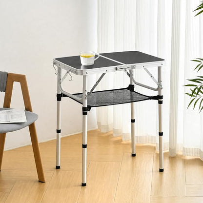 Folding Table Small, 24''L x16''W Camp Aluminum Table with Adjustable Height Legs, Indoor Outdoor Lightweight Portable Folding Aluminum Dining Table for Picnic Camping 2-Feet Black（10"/19"/27）