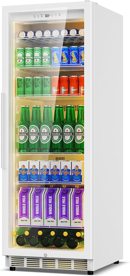 Velivi Commercial Display Beverage Fridge: 13.8 Cu Ft Upright Cooler with Glass Door, LED Lighting, Low Noise, and Rapid Cooling for Restaurants, Shops, and Offices (White)