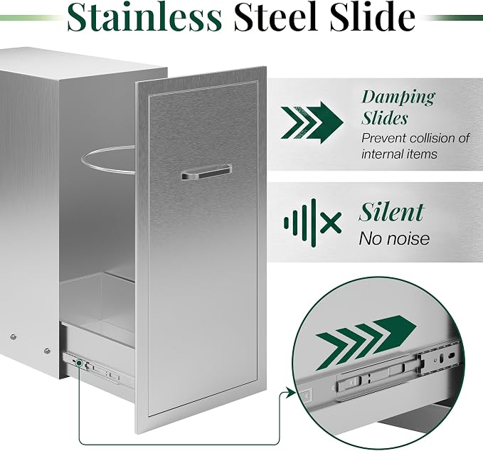 Jocisland Outdoor Kitchen Trash Drawer, 20" D×26" H×14" W, Stainless Steel | Handle and Pull-Out Tray, Built-in BBQ Island Storage