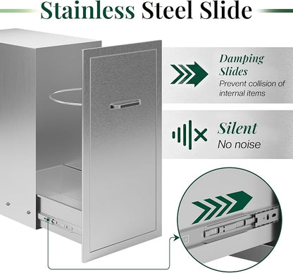 Jocisland Outdoor Kitchen Trash Drawer, 20" D×26" H×14" W, Stainless Steel | Handle and Pull-Out Tray, Built-in BBQ Island Storage