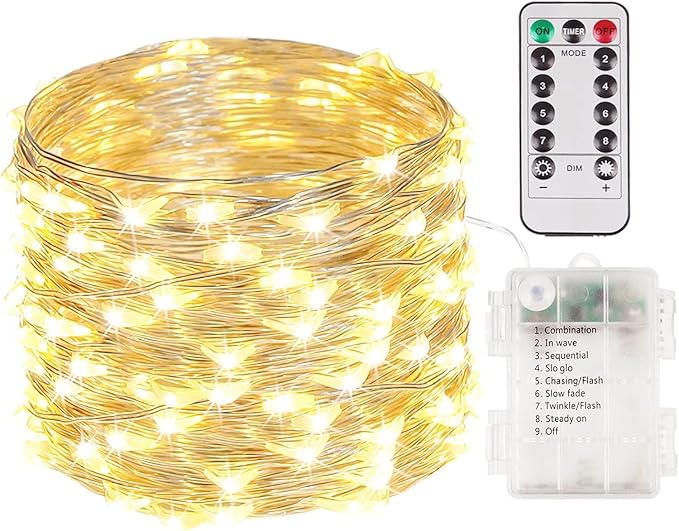Fairy Lights Battery Operated 33FT 100 LED Twinkle String Lights Warm White | Remote Control, 8 Modes, Timer, Adjustable brightness, Waterproof Lights for Indoor Outdoor Classroom Christmas Decor