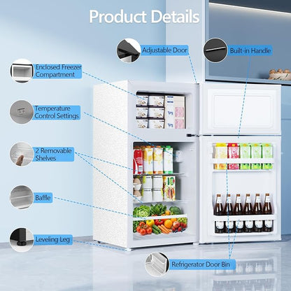 Electactic 2.5 Cu.Ft Mini Fridge with Freezer, Double-Door Compact Refrigerator, Adjustable Glass Shelves, Mechanical Thermostat & Leveling Feet, Space-Saving for Apartment/Dorm/Office, White