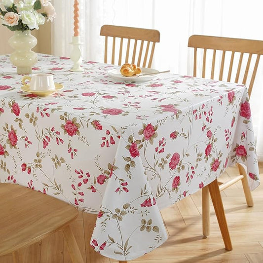Spring Summer Vinyl Tablecloth with Flannel Backing Rectangle 60 x 84 Inch | Waterproof & Wipe Clean Thick Plastic Table Cloth, Floral Table Cover for Dining, Party, Picnic, Outdoor, Rose