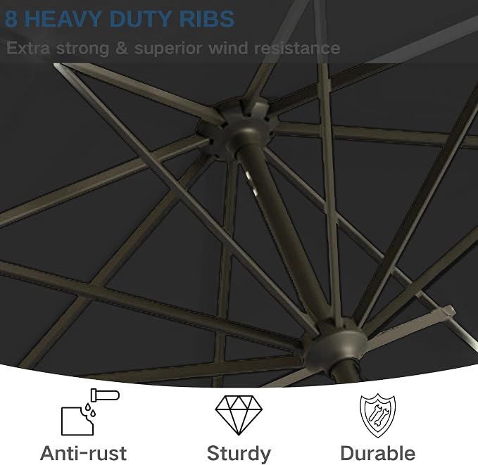 9' Solar LED Patio Umbrella with Tilt & Crank|8 Sturdy Ribs,UV Protection,Outdoor Market Table Umbrella for Deck,Lawn,Pool,Backyard(Black)