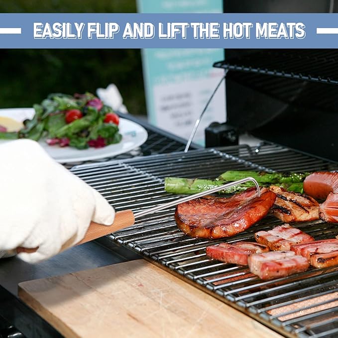 Pigtail Food Flipper 2Pcs, HaSteeL 12Inch Meat Turner Hook, Stainless Steel Pig Tail Flipper Hook With Wooden Handle, Grill Accessories for BBQ Grilling Griddle Kitchen Cooking - Left & Right Handed