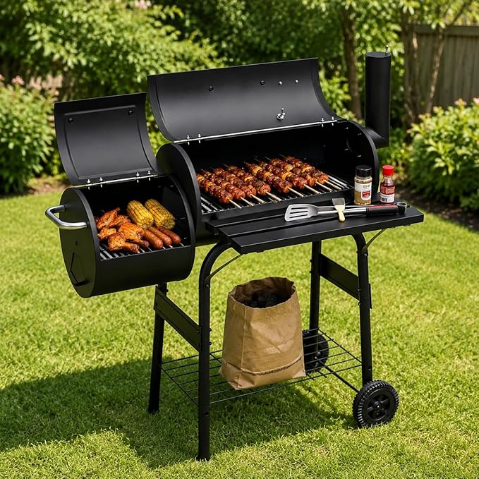 OUTLANE Charcoal Grill with Offset Smoker, 2-in-1 Barrel BBQ Grill and Smoker Combo with Storage Shelf, Built-In Thermometer, Chimney and Wheels, Outdoor Barbecue for Backyard Patio Camping, Black