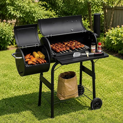 OUTLANE Charcoal Grill with Offset Smoker, 2-in-1 Barrel BBQ Grill and Smoker Combo with Storage Shelf, Built-In Thermometer, Chimney and Wheels, Outdoor Barbecue for Backyard Patio Camping, Black