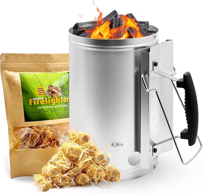 Charcoal Chimney Starter with Firelighters, XL 7.5X12 Chimney Starter, Tilted Handle Design for Safe Outdoor Grilling & Camping, Silver