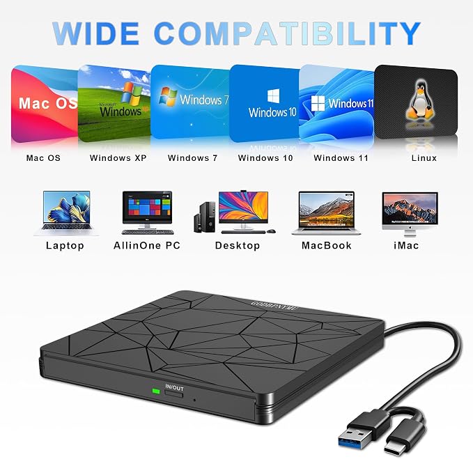External DVD Drive USB 3.0 USB-C CD Burner CD/DVD Player | Portable CD DVD Disc Copier for Laptops and PC Plug & play Compatible with Windows 7/8/10/11, Linux, and Mac OS