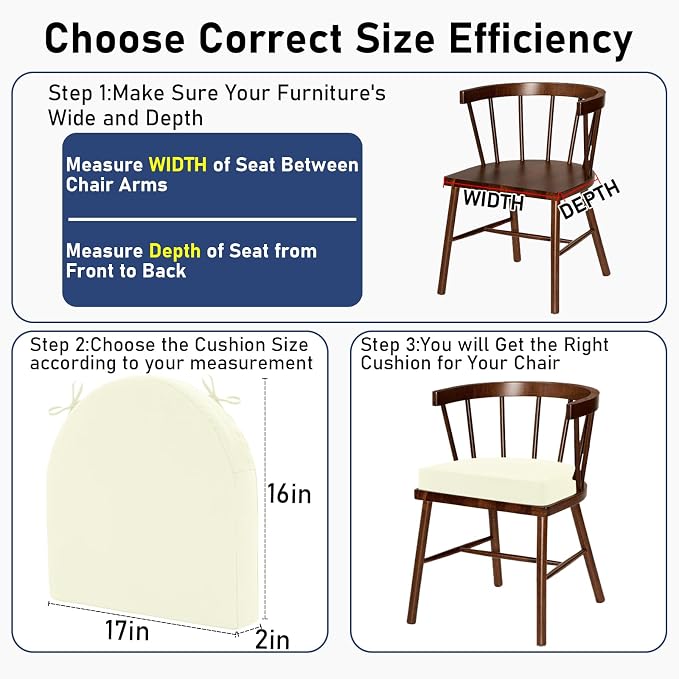 Topotdor Outdoor Chair Cushions Set of 2, 17"x16"x2" Waterproof Patio Chair Cushions for Outdoor Furniture, Round Corner Outdoor Seat Cushions Color Fastness Chair Pads with Ties, Cream