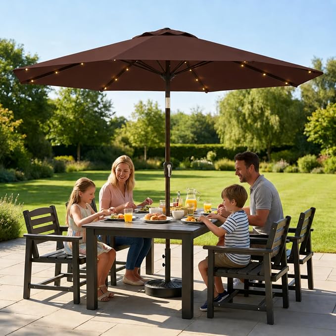 10FT Solar Lighted Patio Umbrella, Outdoor Table Market Umbrellas with Push Button Tilt and Crank, 32 LED Lights, 8 Sturdy Ribs, UV-Resistant for Deck, Garden, Pool