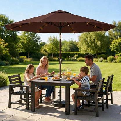 10FT Solar Lighted Patio Umbrella, Outdoor Table Market Umbrellas with Push Button Tilt and Crank, 32 LED Lights, 8 Sturdy Ribs, UV-Resistant for Deck, Garden, Pool