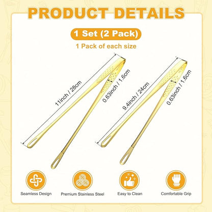 M METERXITY 2-Pack Extra Long Grill Tongs, 9.4/11 Inch Non-Slip 304 Stainless Steel Locking Tongs for Cooking/Buffet/Outdoor Barbecue, Korean BBQ Tweezers Metal Clamp Tool [Gold Tone]