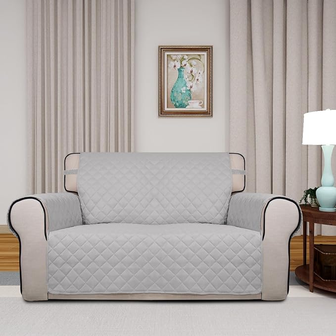 PureFit Reversible Quilted Couch Covers for Dogs Loveseat Sofa Cover 46.5” | Light Gray/Light Gray, Water Resistant Couch Protector, Washable Pet Couch Cover with Non Slip and Elastic Straps For Kids