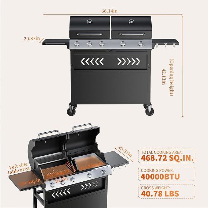 Garvee 5 Burner Propane Gas Grill Griddle Combo with Porcelain Enamel Cast Iron Grate & Cast Iron Pan – Dual BBQ Grill with Flat Top Griddle, 40,000 BTU Large Outdoor Gas Grill for Backyard Kitchen