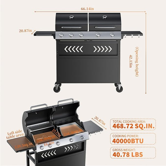 Garvee 5 Burner Propane Gas Grill Griddle Combo with Porcelain Enamel Cast Iron Grate & Cast Iron Pan – Dual BBQ Grill with Flat Top Griddle, 40,000 BTU Large Outdoor Gas Grill for Backyard Kitchen