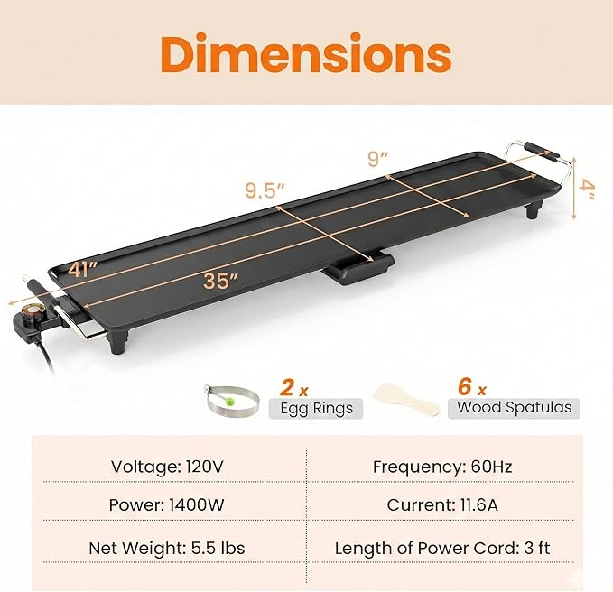 SIMOE 35 Inch Large Electric Griddle, Teppanyaki Grill BBQ with 4-Level Adjustable Temperature, Insulated Handles & Drip Tray, Indoor Outdoor Extra Long Griddle Pan Electric for Party, Home, Camping