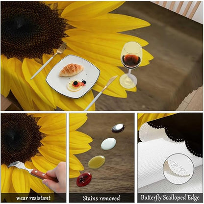 Swono Sunflower Table Cloth Rectangle Tables Retro Garden Autumn Sunflower On Wooden Kitchen Table Cover Oblong 52"X70" Tablecloth for Dining Table Buffet Parties Patio and Camping