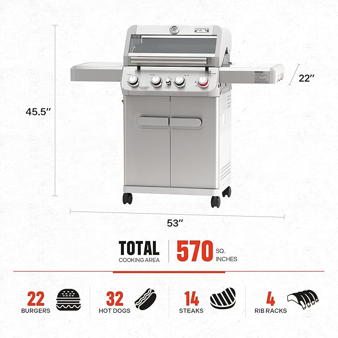 Monument Grills 4 Burner Propane Gas Grill, Stainless Steel Outdoor Patio Barbecue Grill, with Broil Zone Fast Heating, Knob Control, and Easy Cleanup, M410MBZ