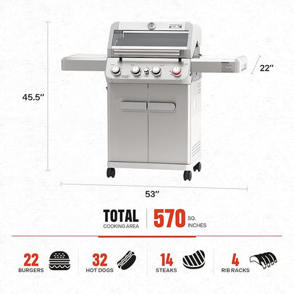 Monument Grills 4 Burner Propane Gas Grill, Stainless Steel Outdoor Patio Barbecue Grill with Cooking Plate, with Broil Zone Fast Heating, Knob Control, and Easy Cleanup, M410MBZ