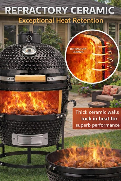 13-in W Kamado Grill with Built-in Thermometer, Oval Grill with Cast Iron Grates, Bamboo handle, Portable Ceramic Grills with Low Stand for Backyard, Patio, Deck grilling, Black